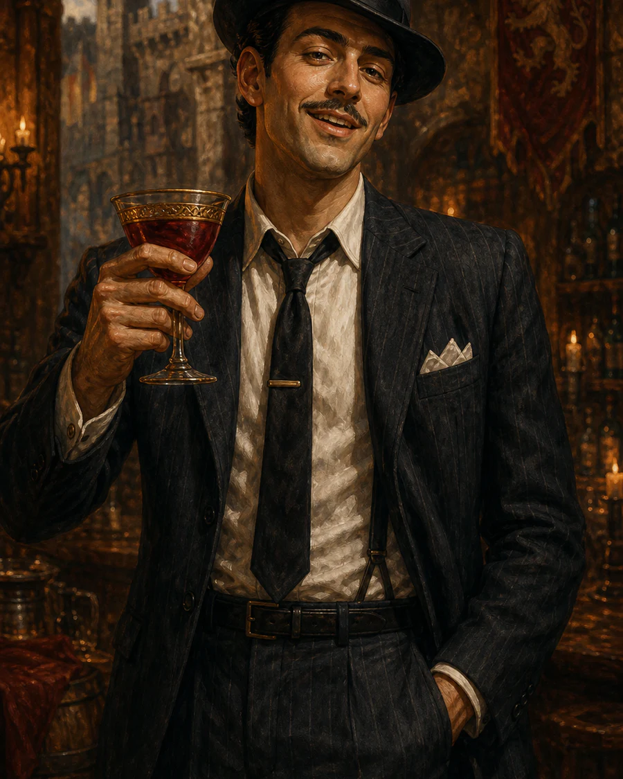 Paulie Pirelli raising a jewel-toned cocktail with a theatrical grin