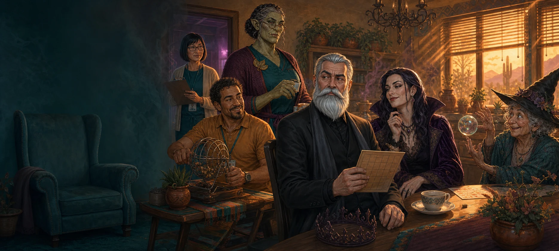 Mordechai, Seraphina and their fellow residents in the Sunset Dominion lounge