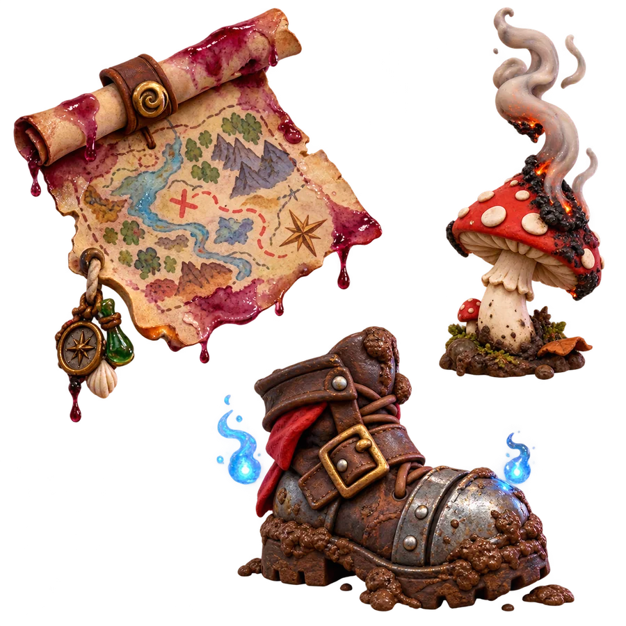 Clay curios of an upside-down map, a smoking mushroom, and a muddy enchanted boot