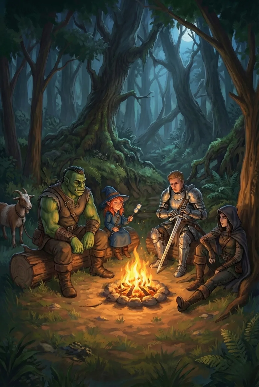 Nyx, Rolan, Fizzle, Bash and Gerald gathered around a forest campfire