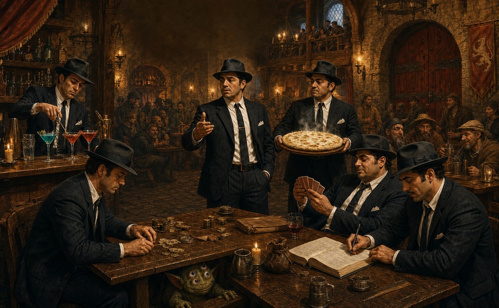 Six suited New York mobsters operating a candlelit medieval tavern in Thornwall