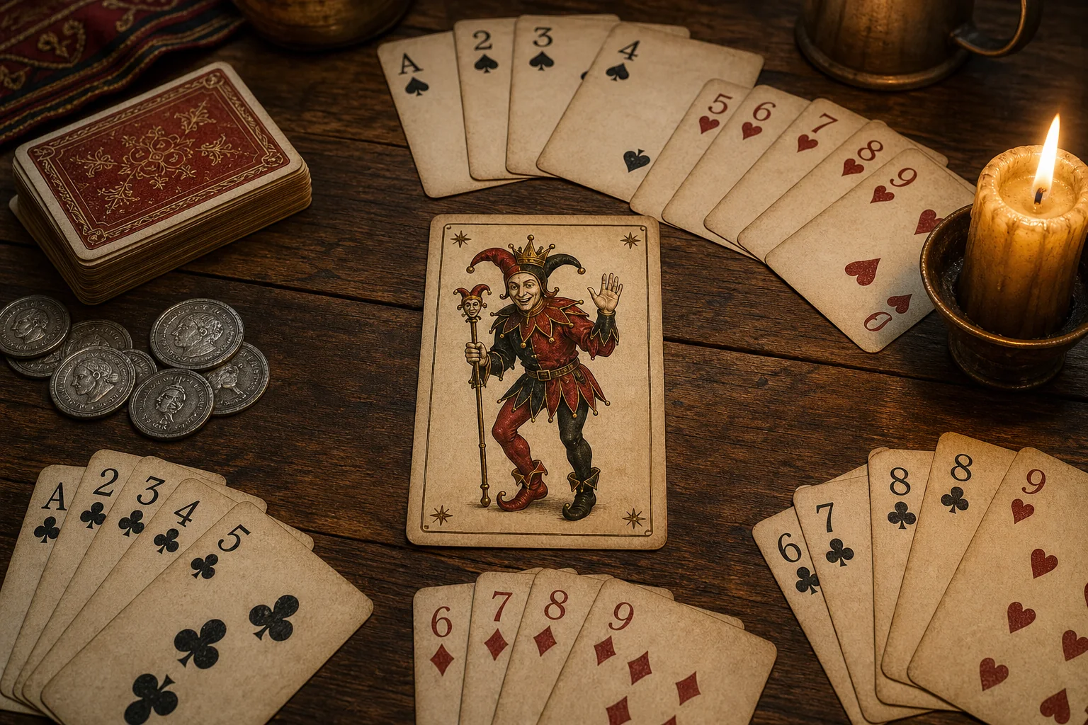 The crowned Fool card surrounded by numbered playing cards and silver coins on a tavern table